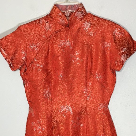 Vintage 60s Red Brocade Asian Chinese Cheongsam Dress Qipao Traditional (T3) - Picture 5 of 16